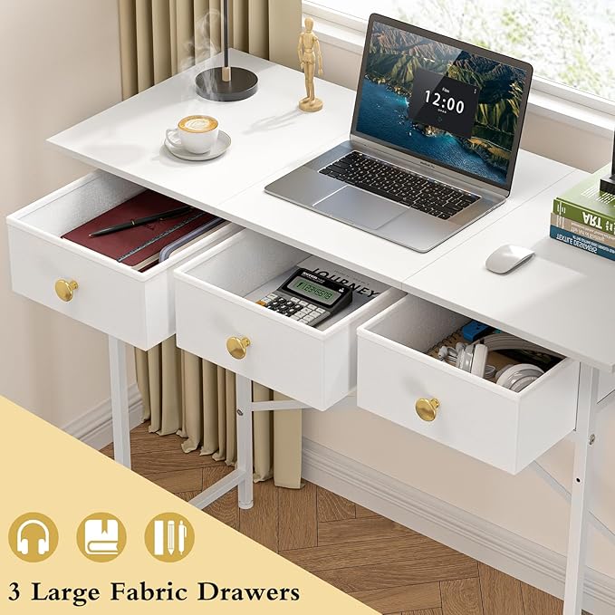 White Writing Desk with 3 Drawers for Bedroom, 37.2 Inch Small Computer Desk for Small Spaces, Simple Study Table for Kids Bedroom, Home Office, Dorm, Living Room, Vanity Make Up Desk, White