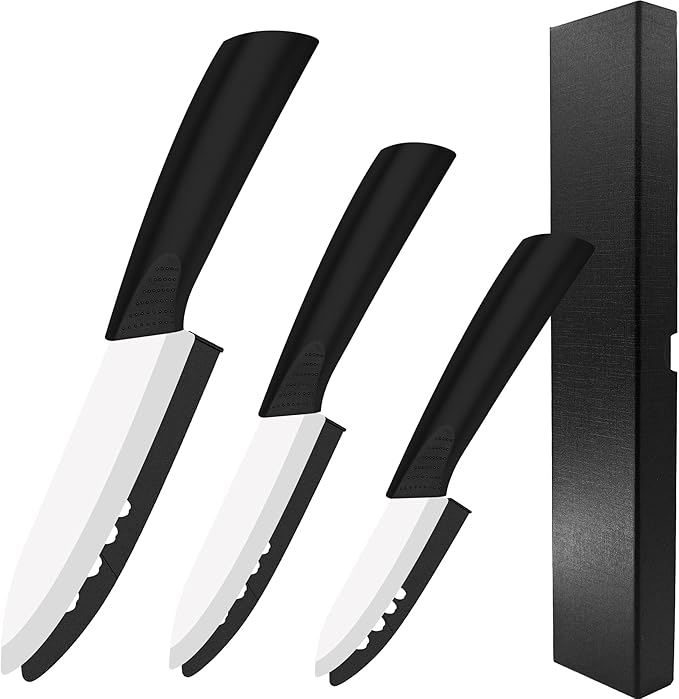 Ceramic Knife Set with Sheaths - Super Sharp Rust Proof Stain Resistant Ceramic Knives Set - Includes 5-inch Utility Knife, 4-inch Fruit Knife, 3-inch Paring Knife
