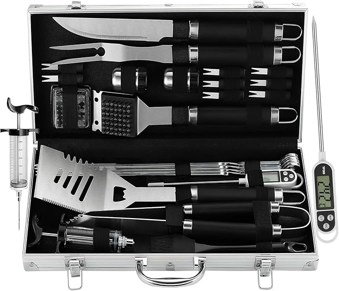 Grilljoy 24PCS BBQ Grill Tools Set with Meat Thermometer and Injector - Extra Thick Stainless Steel Fork, Spatula& Tongs - Complete BBQ Accessories in Aluminum Case - Perfect Grill Gifts for Men