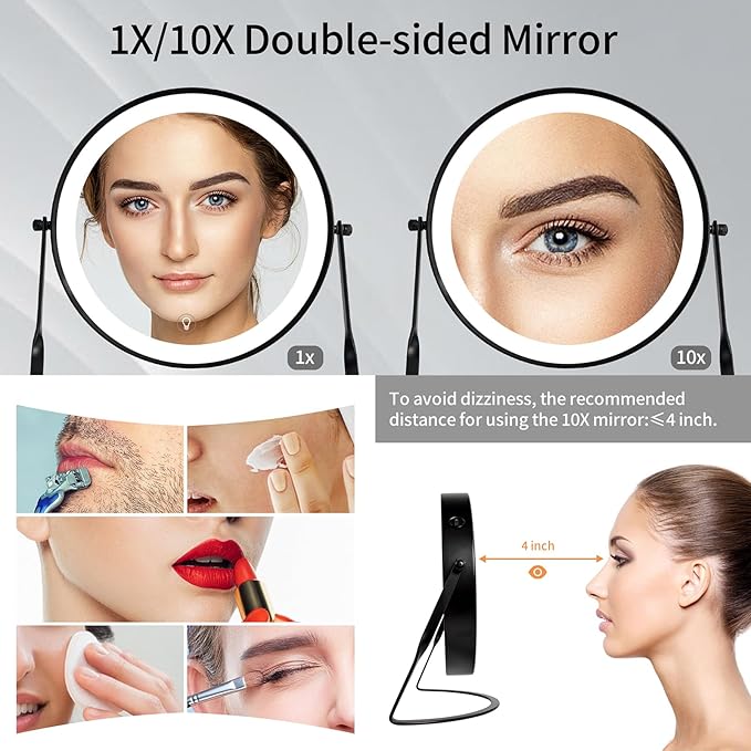 DOWRY 8.5'' Lighted Makeup Vanity Mirror with Magnification, Rechargeable 1x 10x Magnifying Mirror with 3 Color Light Brightness Adjustable, 360°Rotation Double Side Desk Cosmetic Mirror…