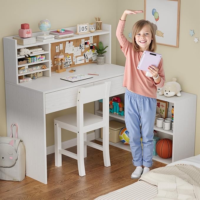 Wooden Kids Desk and Chair Set, 2 Drawers and Remove Storage 4 Cabinets, Children Study Desk with Hutch and Shelves, Boys & Girls Study Desks for Kids Bedroom (White)-Qx0eVu