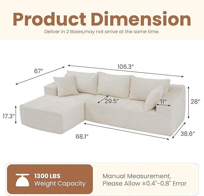 OC Orange-Casual 106.3" Cloud Sectional Couch with L-Shape Chaise,No Assembly Required Modular Sofa,Upholstered Boneless Couches for Living Room, Plush Corduroy Fabric (White, Left Facing Chaise)