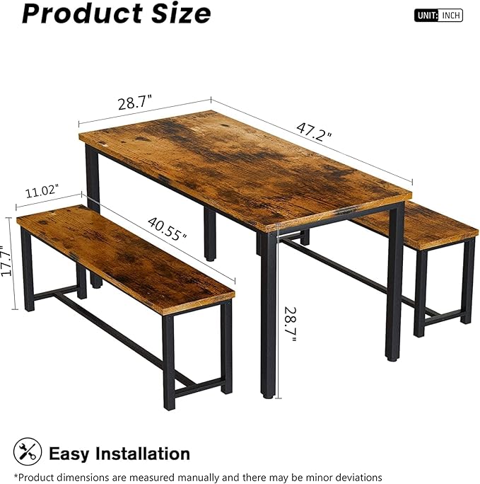 Recaceik Dining Table Set with Bench, 3 Pieces Dining Furniture Set Kitchen Table Set Sturdy Structure Space-Saving Dinette for Kitchen, Dining Room Breakfast Nook, Living Room, Rustic Brown