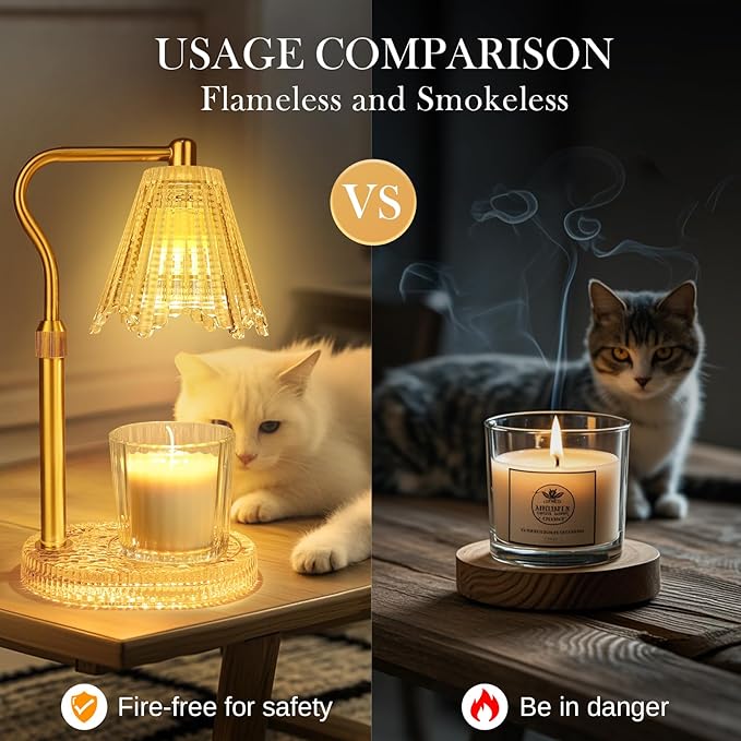 Crystal Candle Warmer Lamp with Timer, Adjustable Height Glass Candle Light, Vintage Electric Wax Melt Warmer with Dimmer, Home Fragrance Décor and House Warming Birthday Gifts for Women Mom