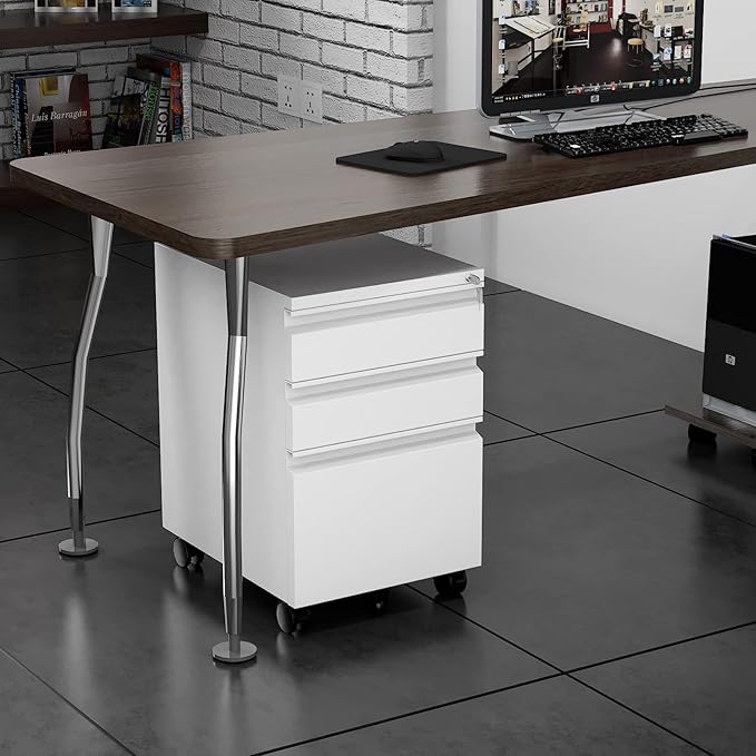 3 Drawer File Cabinet with Wheels, Metal Filing Cabinet with Lock, Office Rolling File Cabinets for A4/Legal/Letter Size, Assembly Required, White