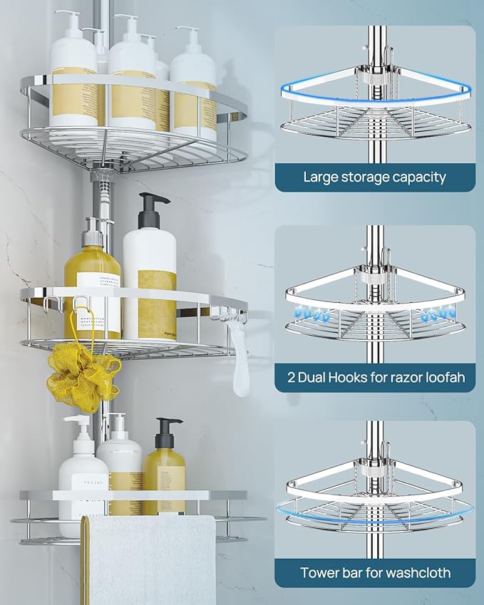 SEIRIONE Rustproof Shower Corner Caddy Organizer for Bathroom, 4 Adjustable Shelves with Tension Pole, for Bathtub Shampoo Accessories Storage Holder, 34 to 116 Inch Height