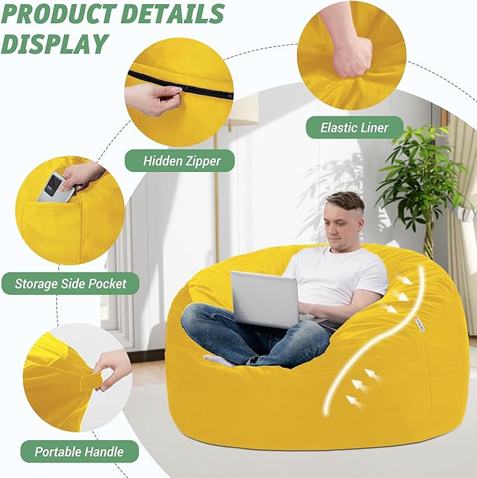 3FT Bean Bag Chair with Ultra Soft Velvet Cover Bean Bag Sofa with Memory Foam Bean Bag Chairs with Large Size Lazy Sofa for Dorm Office Living Room Bedroom Yellow 3'