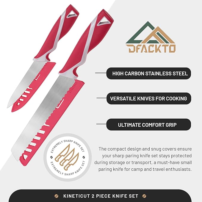 2-Piece Serrated Knife Set – Stainless Steel Kitchen Cooking Knives w/Protective Covers, Dishwasher Safe, No Block, Sharp Cutlery for Slicing Bread, Cooking Fruit & Steak w/Sheath - Magenta