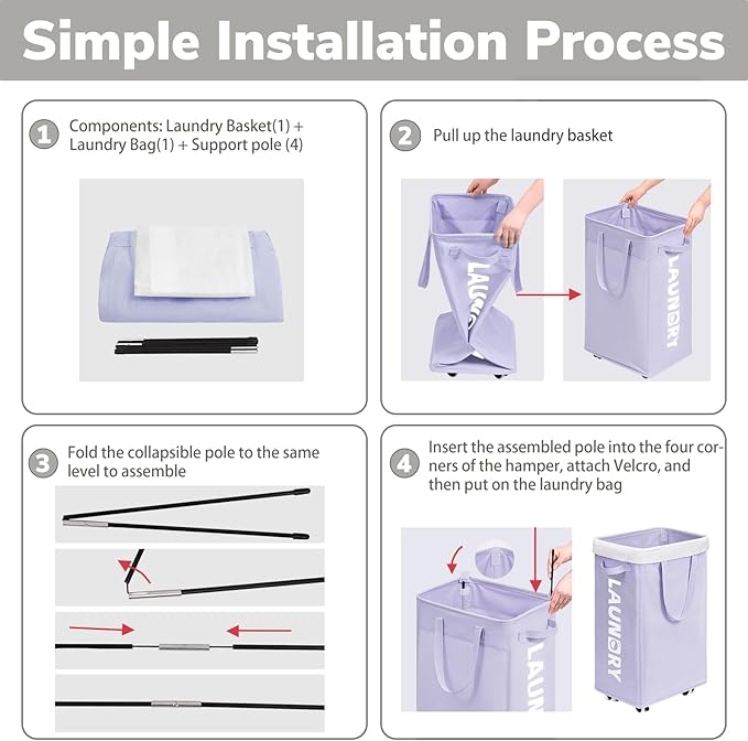 Goodpick Laundry Basket with Wheels,75L Collapsible Laundry Baskets with Removable Wash Bag, Clothes Laundry Hamper on Wheels, Light Purple