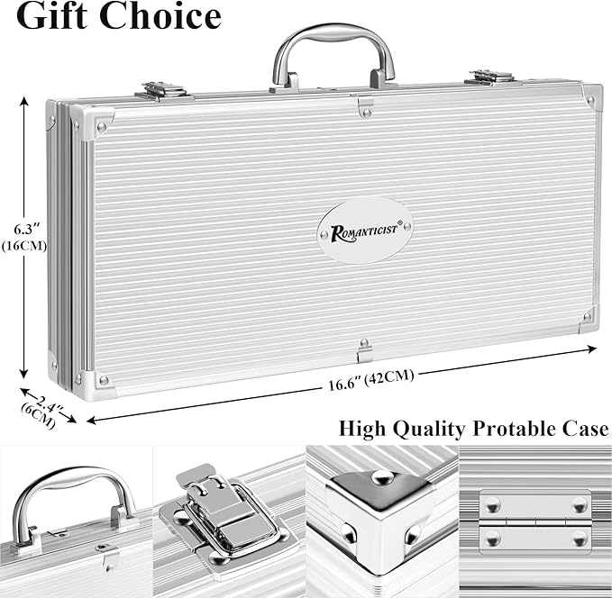 ROMANTICIST 25pcs Extra Thick BBQ Grill Accessories, Fathers Day Grilling Gifts Set for Men Dad, Heavy Duty Grill Tools Utensils Kit with Spatula, Tongs in Aluminum Case for Birthday Brown