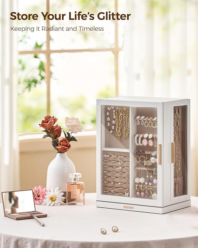 360° Rotating Jewelry Box with 7 Drawers, Spacious Vertical Jewelry Organizer with Glass Window, Jewelry Storage Case, Dustproof & Moisture-resistant Design, White