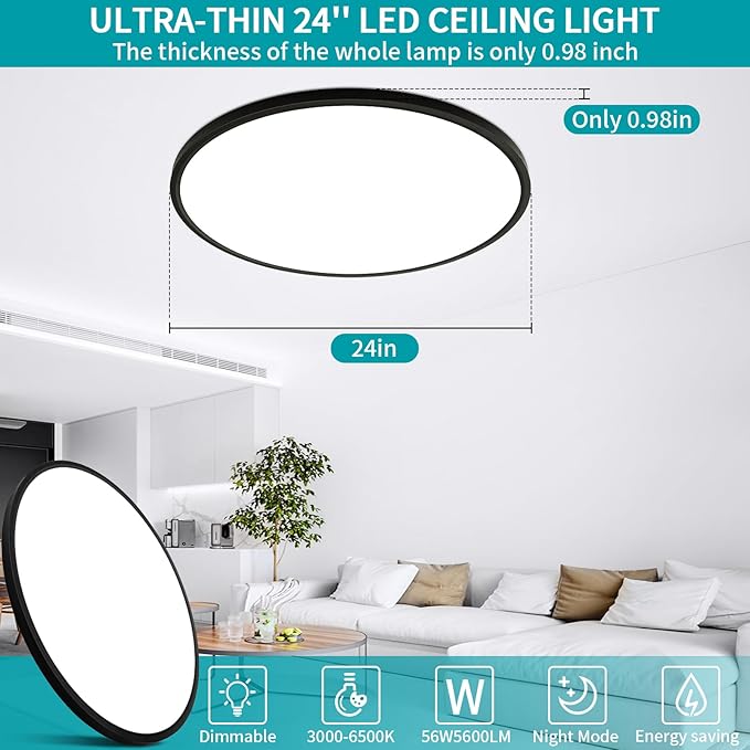24 Inch Flush Mount Ceiling Light Fixture Dimmable with Remote Control, 56W, 5600 Lumen, Modern, Round, Black, for Kitchen, Dining Room, Bedroom, Living Room, Home Office