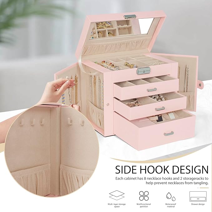 AKOZLIN 4-Tier Jewelry Box Lockable Leather Jewelry Storage Case Organizer with 3 Drawers for Women Girls Ring Necklace Earring Bracelet Watches Holder with Mirror Pink