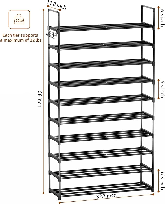 10 Tier Metal Shoe Rack, Tall Shoe Rack for Entryway, Shoe Organizer for Closet, Shoe Storage for Front Door Entrance & Entryway, Large Long Shoe Stand Holder Adjustable Shelf Height