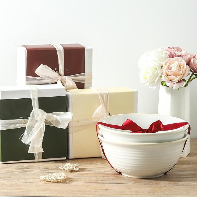 Hasense Serving Bowls, 9 Inch Ceramic Salad Bowls for Kitchen, 84 Ounce Mixing Bowl for Soup Pho Pasta Popcorn, Dishwasher & Microwave Safe, Set of 2(Clay-Infused White)