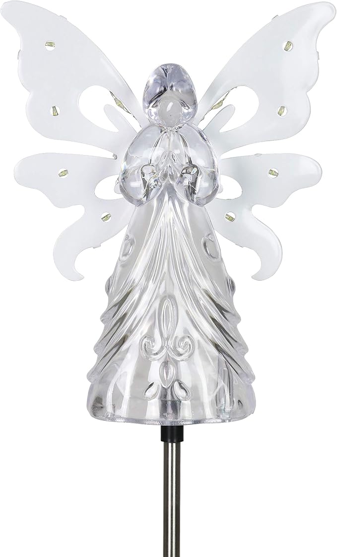 Exhart Garden Solar Lights, Decorative Angel Garden Stake, 13 LEDs, Cute Yard and Pathway Decor, White, 7 x 40 Inch