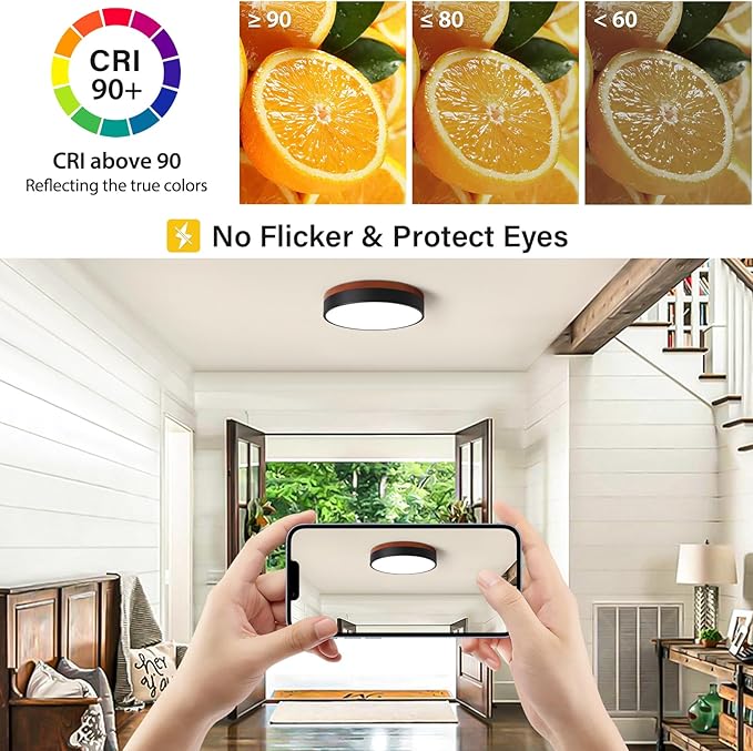 LED Ceiling Light Dimmable, Black and Wood Flush Mount Ceiling Light Fixture 5CCT in One, Minimalist Round Ceiling Lamp Modern Lighting for Kitchen, Bedroom, Hallway, Laundry Room, 11.8 Inch
