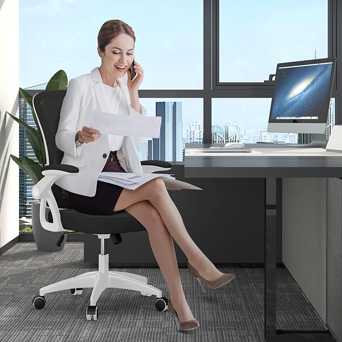 naspaluro Ergonomic Office Chair, Mid-Back Computer Chair with Adjustable Height, Flip-Up Arms and Lumbar Support, Breathable Bright White Mesh Desk Chair for Home Study Working
