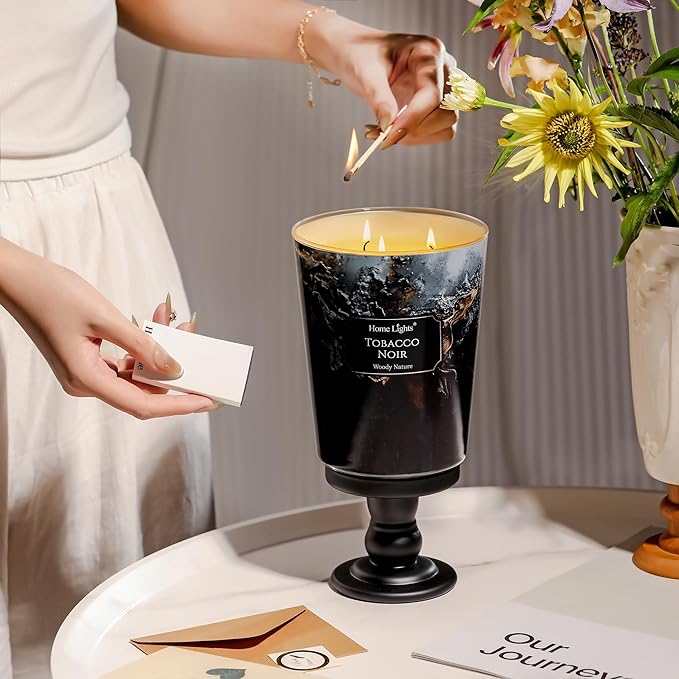 HomeLights Scented Candles for Women & Men, 34oz Candle Jars Aromatherapy 3-Wick Candle, Ideal for Industrial Chic Home Decor and Gifts, Tobacco Noir