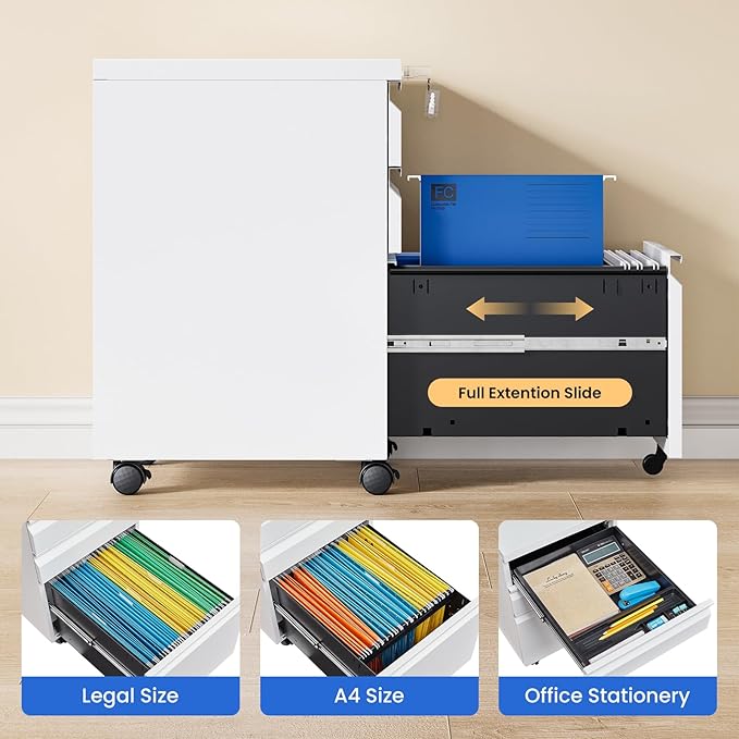 MIIIKO 3 Drawer File Cabinet, Rolling File Cabinet Under Desk, Metal Filing Cabinets for Home Office, Deep Drawers for Hanging Legal Letter Folders, Full Assembled Except Casters