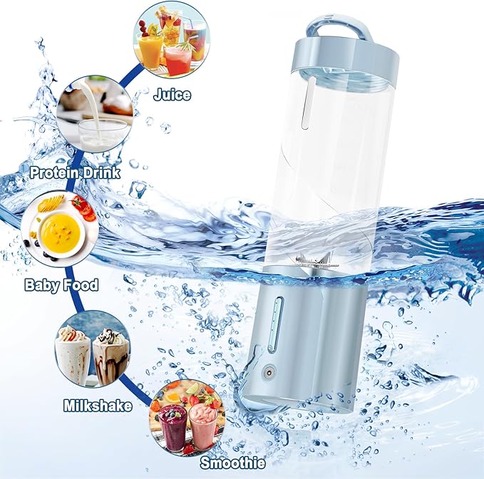 Portable Personal Blender for Juice, Shakes and Smoothies with Insulated Sleeve - 16 Oz Mini Blender Cup with 6 Blades, USB Rechargeable, BPA Free - Small Blender for Kitchen, Travel, Office, Gym