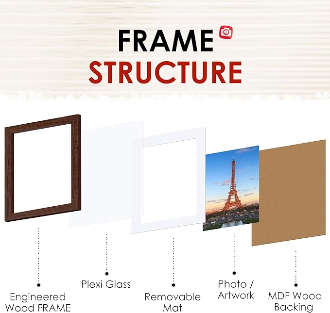 FIXSMITH 8x10 Picture Frame Bulk-6 Pack, Photo Frame with HD Plexiglass, Display Pictures 5x7 with Mat or 8x10 Without Mat, Brown Picture Frames Collage Wall Decor, Wall & Tabletop Picture Frames