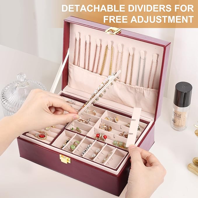 Jewelry Boxes for Women Girls PU Leather Jewelry Organizer Box 2 Layer Large Jewelry Storage Case Removable Tray for Necklace Earring Ring with Polishing Cloth and Jewelry Bags