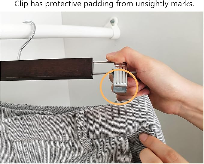 Amber Home 10 Pack 14.17" Solid Walnut Wooden Pant Skirt Hangers, Bottom Hangers for Slacks Trousers Jeans with 2-Adjustable Anti-Rust Clips (Walnut, 10 Pack)