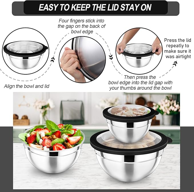 P&P CHEF Mixing Bowl with Lid Set of 7, Stainless Steel Nesting Salad Bowls for Cooking Serving Prepping, Clear Lids & Stackable Design, Size 4.6, 3.5, 3, 2, 1.5, 1, 0.7 Qt - Black