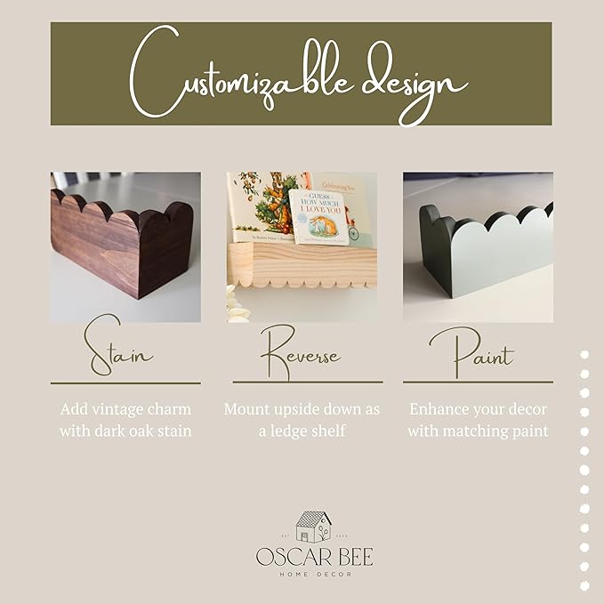 Scalloped Pine Bookshelf for Kids | Preassembled Montessori Wall Shelf | Drop-Resistant, Easy Install, 34" Wide, Nursery & Toddler Room Organizer