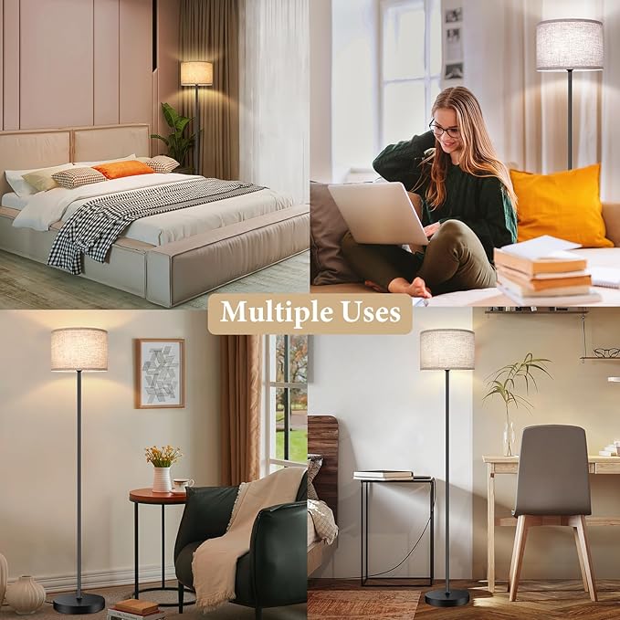 TOBUSA 65’’ Floor Lamp for Living Room Bedroom with 3CCT LED Bulb, Modern Standing Lamp Drum Shade, Standing Lamp with Foot Switch Black Pole, Dimmable Simple Design Stand Up Lamp for Office Reading