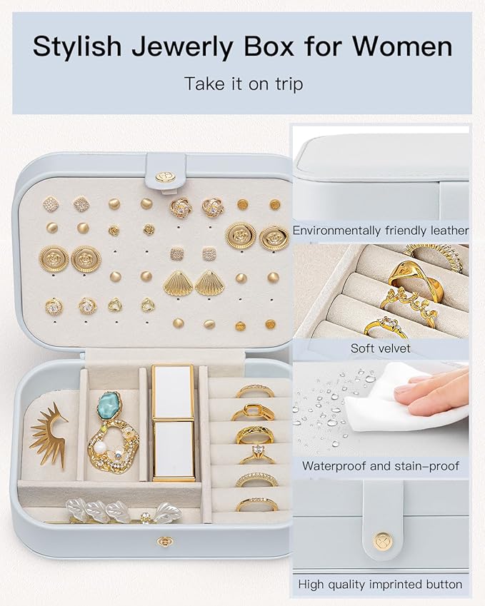 Vlando Travel Jewelry Case, PU Leather Travel Jewelry Box with Earring Holder, Portable Display Mini Jewelry Case for Mothers Day Women Girls Gift - Blue