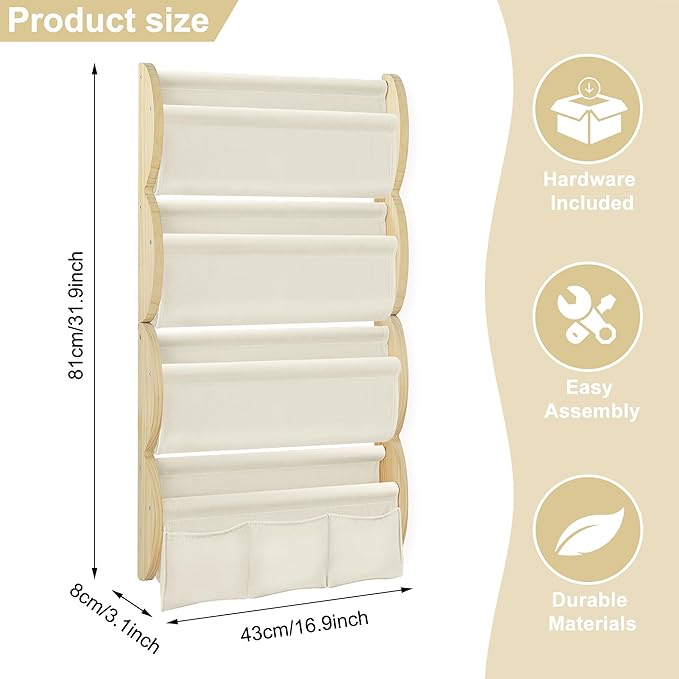 Wooden Wall Mounted Bookshelf for Kids Rooms, 4 Tier Floating Nursery Book Shelf, Kids Bookshelf with 2 Pockets, Toddler Sling Book Rack with Deep Sleeves (Beige)