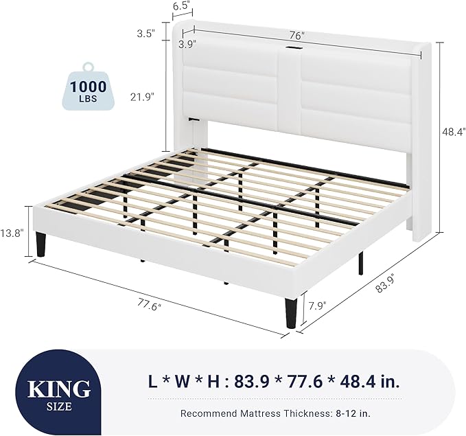 Allewie King Size Platform Bed Frame with Charging Station & Storage Headboard, Upholstered Velvet Wingback Design & USB Port, Strong Wooden Slats Support, No Box Spring Needed, Easy Assembly, White