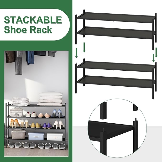 Black 4-Tier Bamboo Wood Shoe Rack, Stackable for Closet, Entryway & Hallway