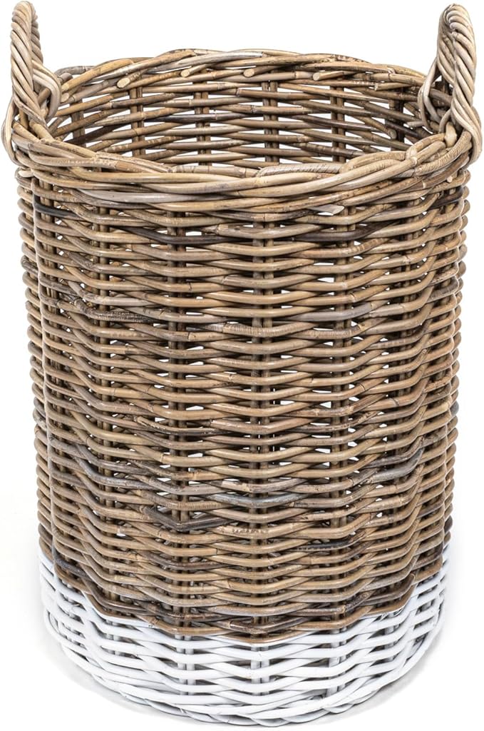 happimess BSK1000A-3SET Ternion Cottage Hand-Woven Rattan Nesting Wicker Storage Baskets w/ Handles, Seagrass Container for Decoration in Bedroom, Living Room, Laundry Room, Kubu Gray/White (Set of 3)