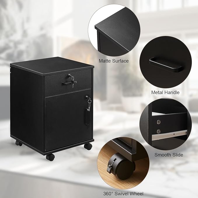 Mobile File Cabinet with Lockable Drawer & Door, Under Desk Storage Cabinet with 360°Swivel Wheels, Wooden Stationery Storage Cabinet for Legal/Letter/ A4 Documents (Black)