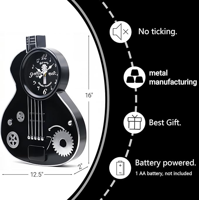 Metal Guitar Wall Clock Musical Decor for Music Lovers,H16 inches Guitar Players, Music Teachers, Studio, Bedroom, Office Silent Non-Ticking Clock – Black Industrial Steampunk Style Gift for Men