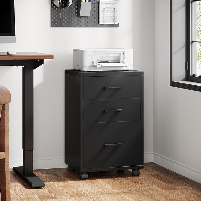Triebsigns 3 Drawer File Cabinet, Wooden Office Filing Cabinet, Modern Rolling Printer Stand for Home Office, fits A4 or Letter Size, Under Desk, Black