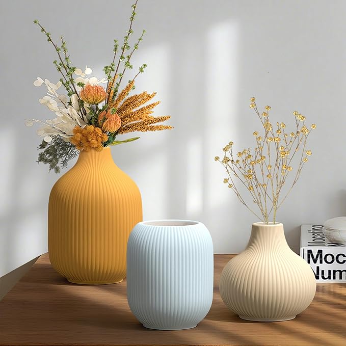Colorful Ceramic Vases Set of 3, Modern Minimalist Ribbed Vases for Centerpiece, Home Office Shelf Decor, Farmhouse Kitchen Bathroom Bedroom Living Room Decor