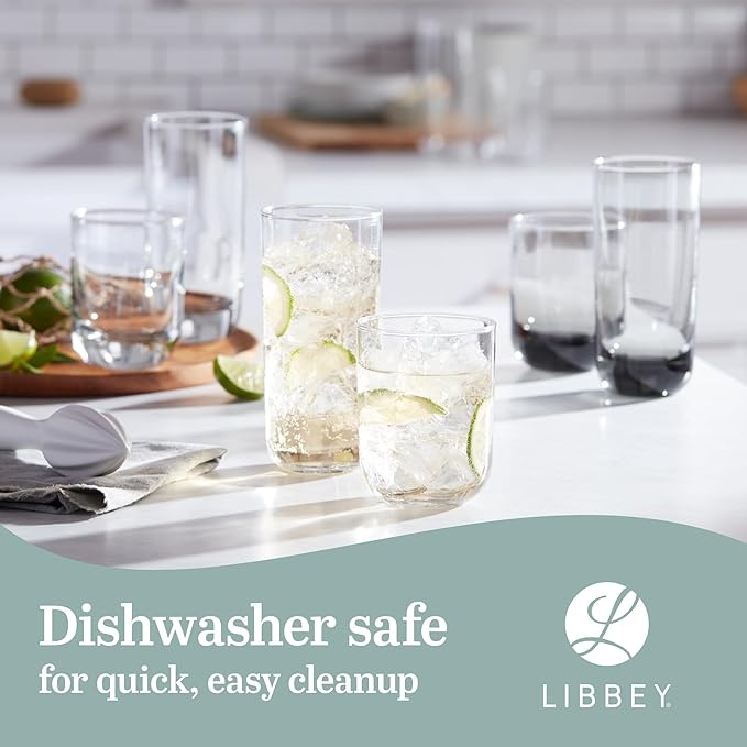 Libbey Polaris Tumbler and Rocks Glass Set, Smoke Hue Drinkware Glasses Set, Lead-Free Tall Water Glasses with Modern Clean Lines, Dishwasher Safe Drinking Glasses Set of 16