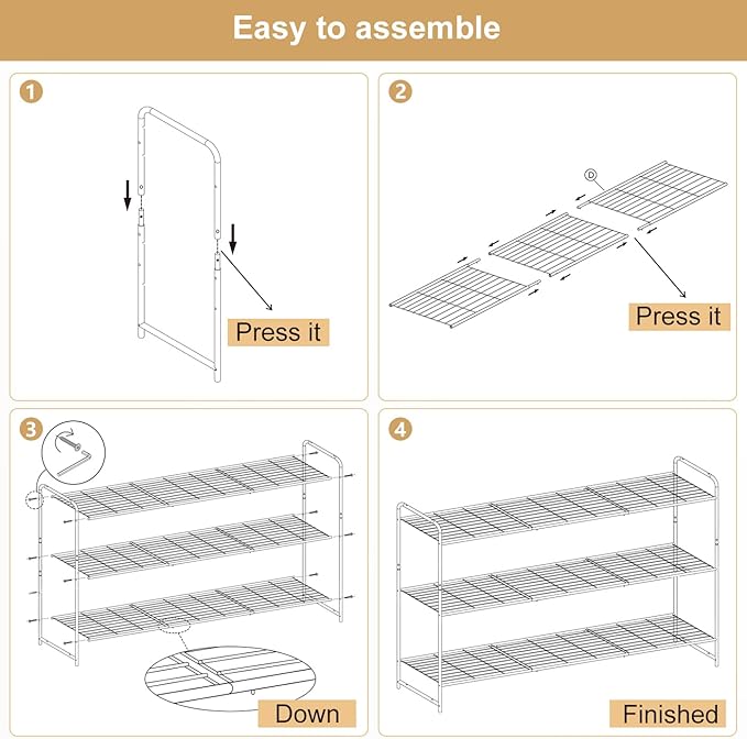 KEETDY 3-Tier Long Shoe Rack for Closet Metal Shoe Organizer for Entryway, Wide Stackable Shoe Storage Shelf with Sturdy Wire Grid for Closet Floor, Bedroom, White