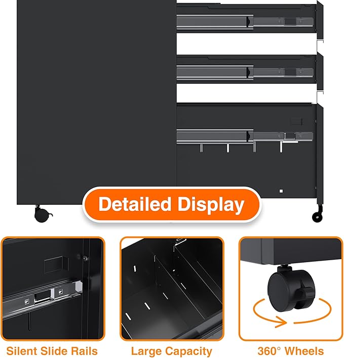 Aobabo Steel 3 Drawer Mobile File Cabinet with Lock, Under Desk Metal Filing Cabinet, 23.6''H A4/Legal/Letter Size Fully Assembled Except Wheels, Black