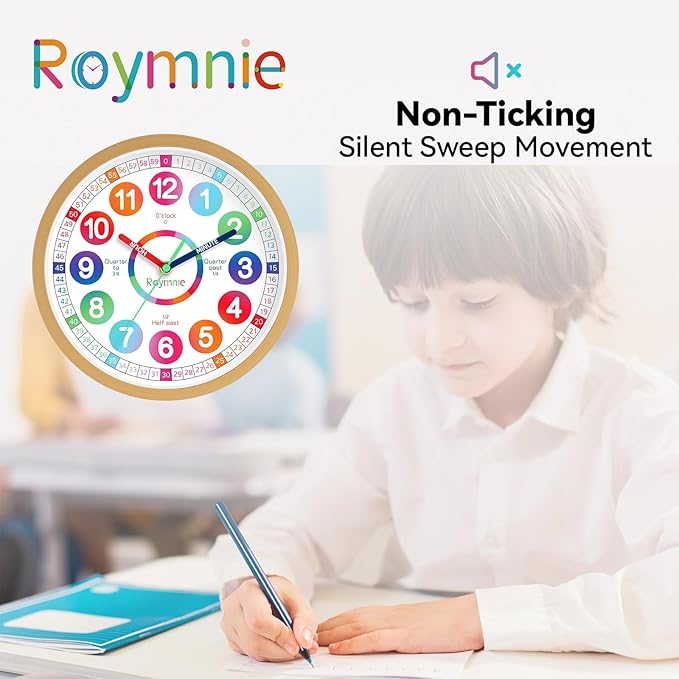 Learning Clock for Kids Telling Time Easily Teaching Clock Silent Non Ticking Battery Operated Colorful Teaching Time Clock Decorative for Kids Room Classroom School Playroom (12 Inch)