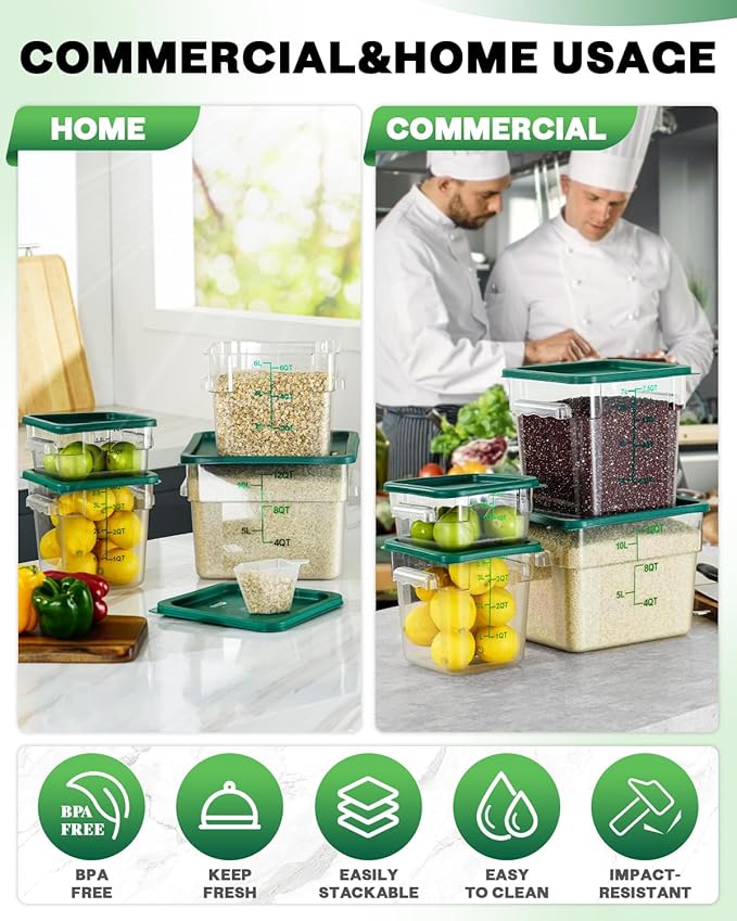 6QT NSF Food Storage Containers: 8 PCS [Food Grade][Hot&Cold Resistant] Commercial Clear Square Food Storage Containers with Scales Handles for Home Restaurant Kitchen Proof Dough(BPA FREE-GREEN)