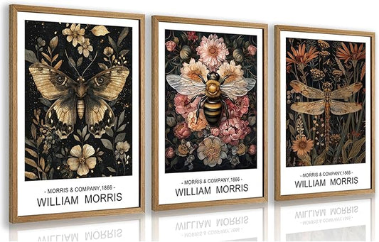 Cyebmo William Morris Wall Art, Vintage Floral Wall Decor, Dark Botanical Art Prints, Butterfly Bee Dragonfly Nature Artwork for Living Room Bedroom Bathroom Wood Framed Ready to Hang 16"x24"x3