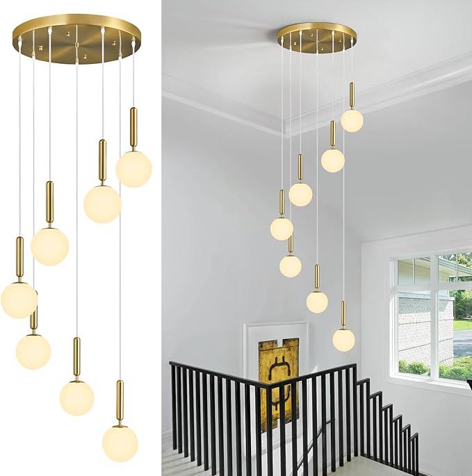 7-Lights Gold Chandelier with Milk White Glass Hanging Fixture Light for Kitchen Island Mid Century Modern Globe Pendant Light for Foyer Living Room Entryway Hallway