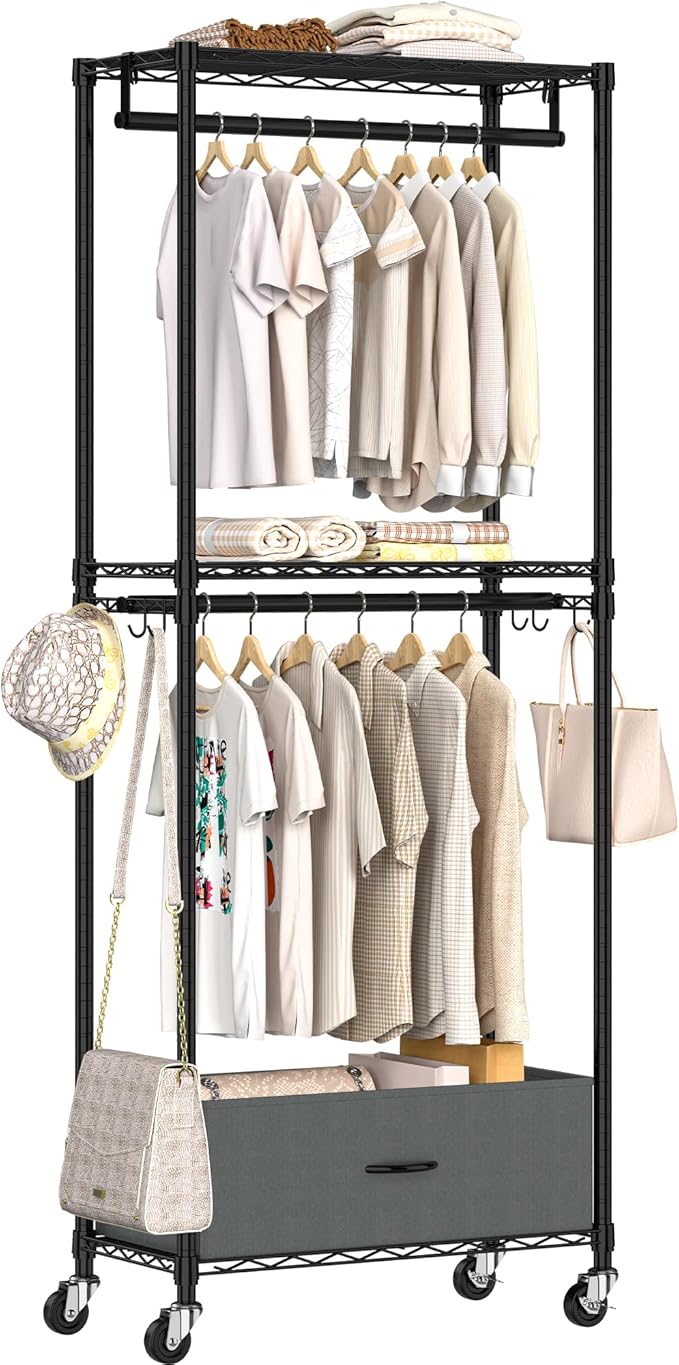 Freestanding Clothes Rack with Drawer, 3 Tier Rolling Garment Rack for Hanging Clothes, Metal Wire Shelving Wardrobe with Rods Portable Closet Organizer Clothing Shelf with Wheels, Black