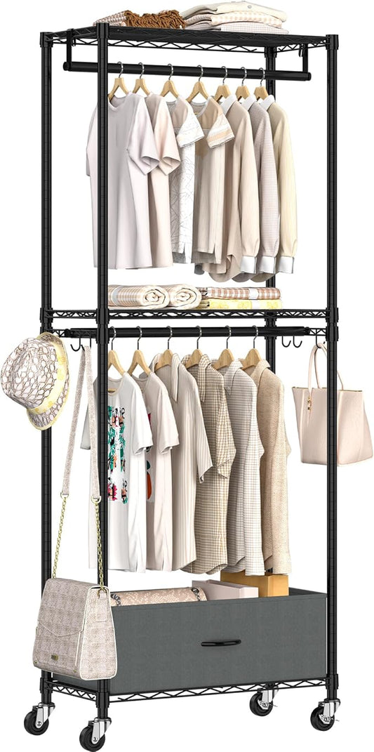 Freestanding Clothes Rack with Drawer, 3 Tier Rolling Garment Rack for Hanging Clothes, Metal Wire Shelving Wardrobe with Rods Portable Closet Organizer Clothing Shelf with Wheels, Black