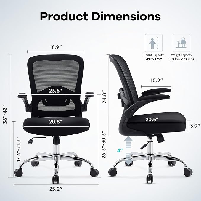 Office Chair,Ergonomic Desk Chair with Adjustable Lumbar Support, Mesh High Back Computer Chair with Flip-up Armrests,Rocking Tilt Rolling Swivel Executive Chair for Home Office Black